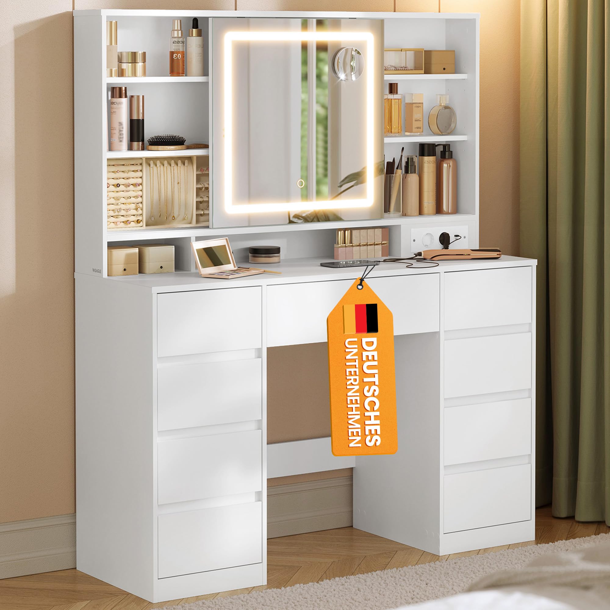 VASAGLE Kailyn Kollektion - Schminktisch mit Spiegel und LED-Leuchten, Steckdosenleiste, 9 Schubladen, 10x Vergrößerungsspiegel, 3 Lichtfarben, werkzeuglose Gleitschienen, wolkenweiß RDT137W01