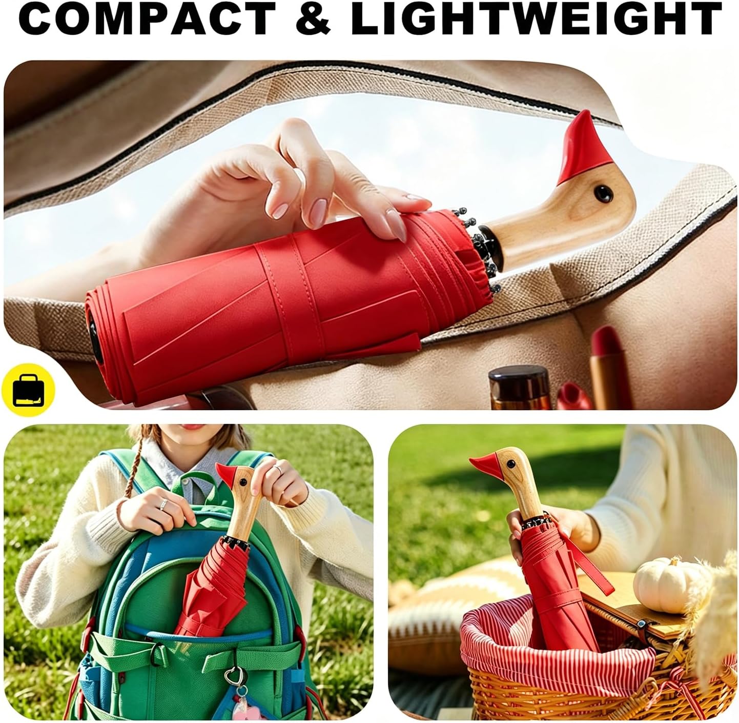 Cute Duck Handle Umbrella - Compact Travel Yellow Duck Head Umbrella for Adults and Girls