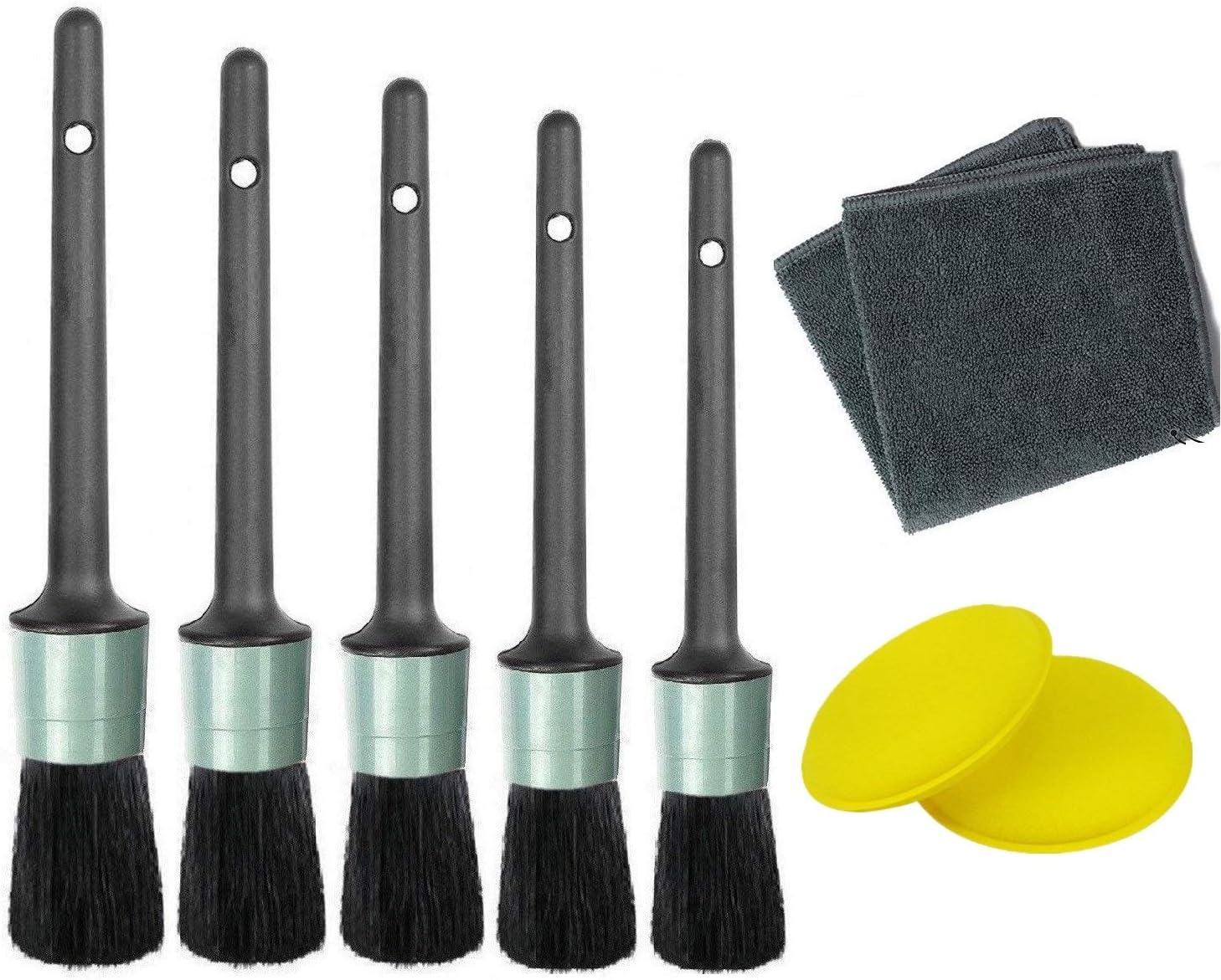 Master Auto Detailing Brush Set - 5 Different Sizes - Premium Natural Boar Hair - For Cleaning Engine, Wheel, Dashboard, Interior, Leather, Air Vents - Free Microfiber Towel and Foam Cleaning Pads