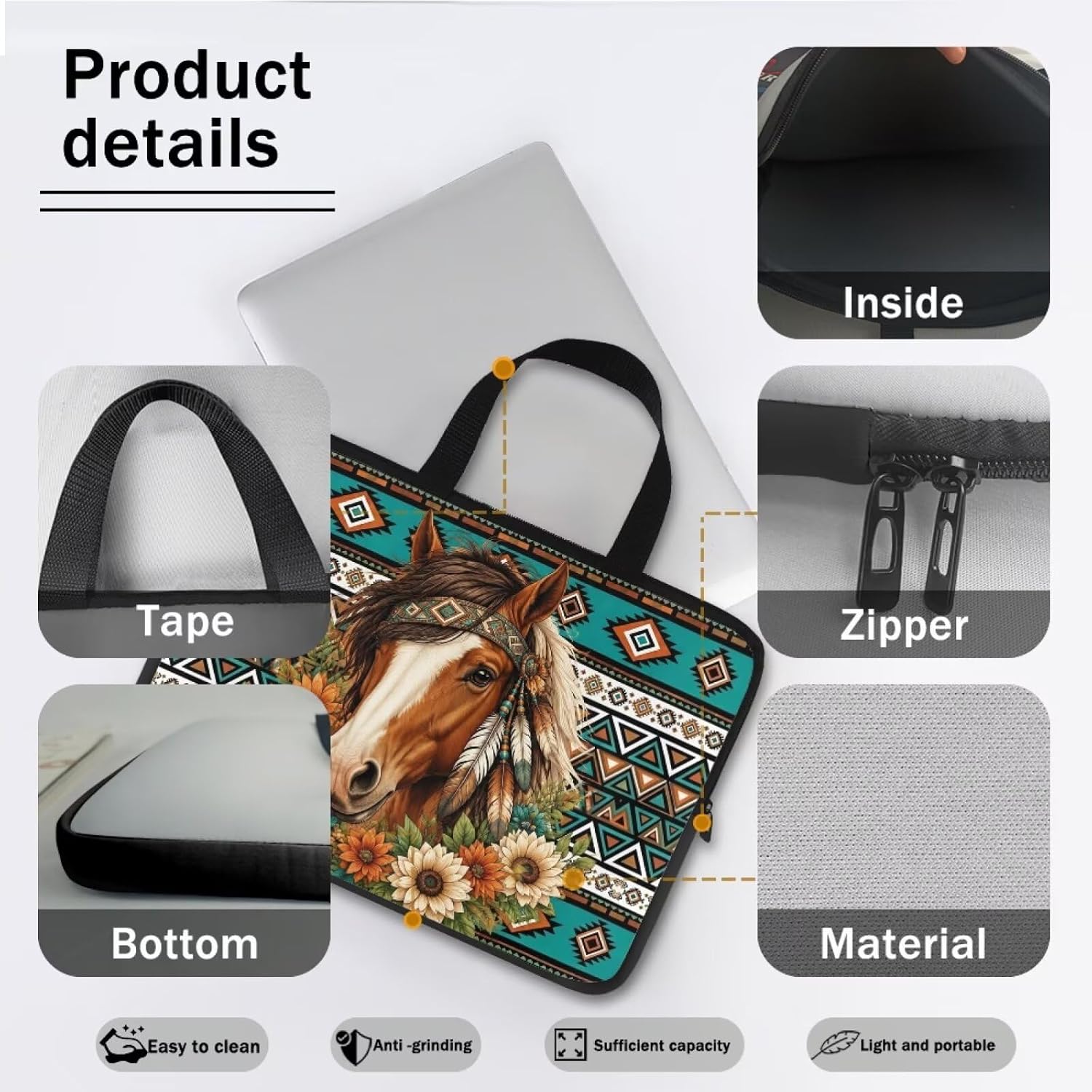 Aztec Tribal Flower Horse Print Laptop Case with Handle Laptop Sleeve Traveling Computer Bag Compatible with 10-17 inch Notebook Carrying Bag Briefcase, 15inch image 5