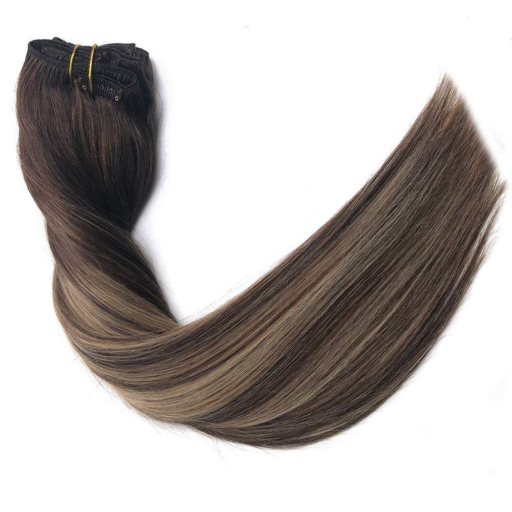 Clip in Human Hai Extensions 18" Double Weft Brazilian Human Hair Clip in 8Pcs 140g Per Set Highlighted #4 Medium Brown with #24 Medium Auburn for Full Head Straight Soft Thick for Women