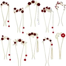 Lawie 10 Pack Cute Flower Butterfly U Shaped Gold Metal Hair Fork Pins Curved Chopsticks for Hair Sticks with Dangles French Hair Pins Bun Holder Decorative Hair Accessories for Women Girls Red