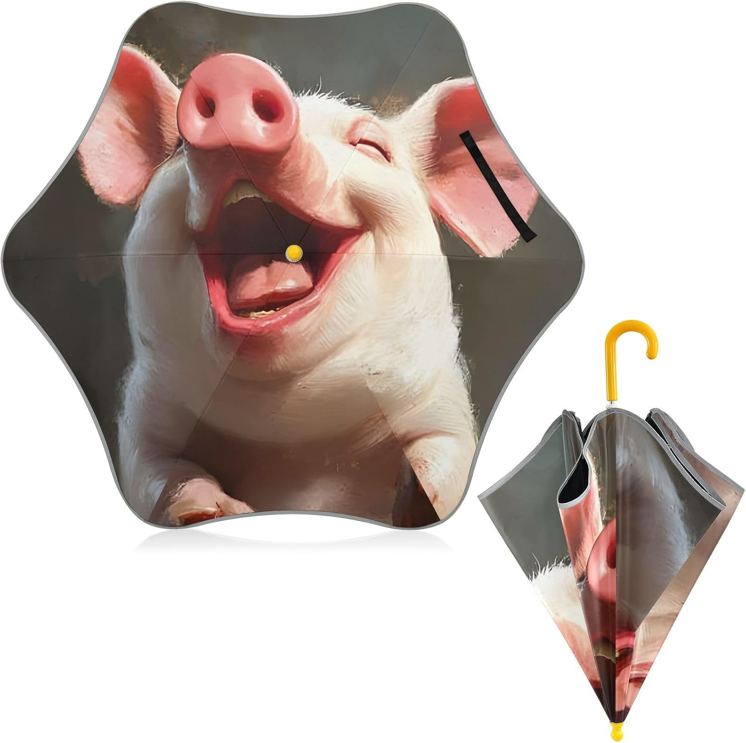 ODAWA Happy Pig Stick Umbrellas for Children with Reflective Strip Rounded Tips Rain Umbrellas Age 3-8