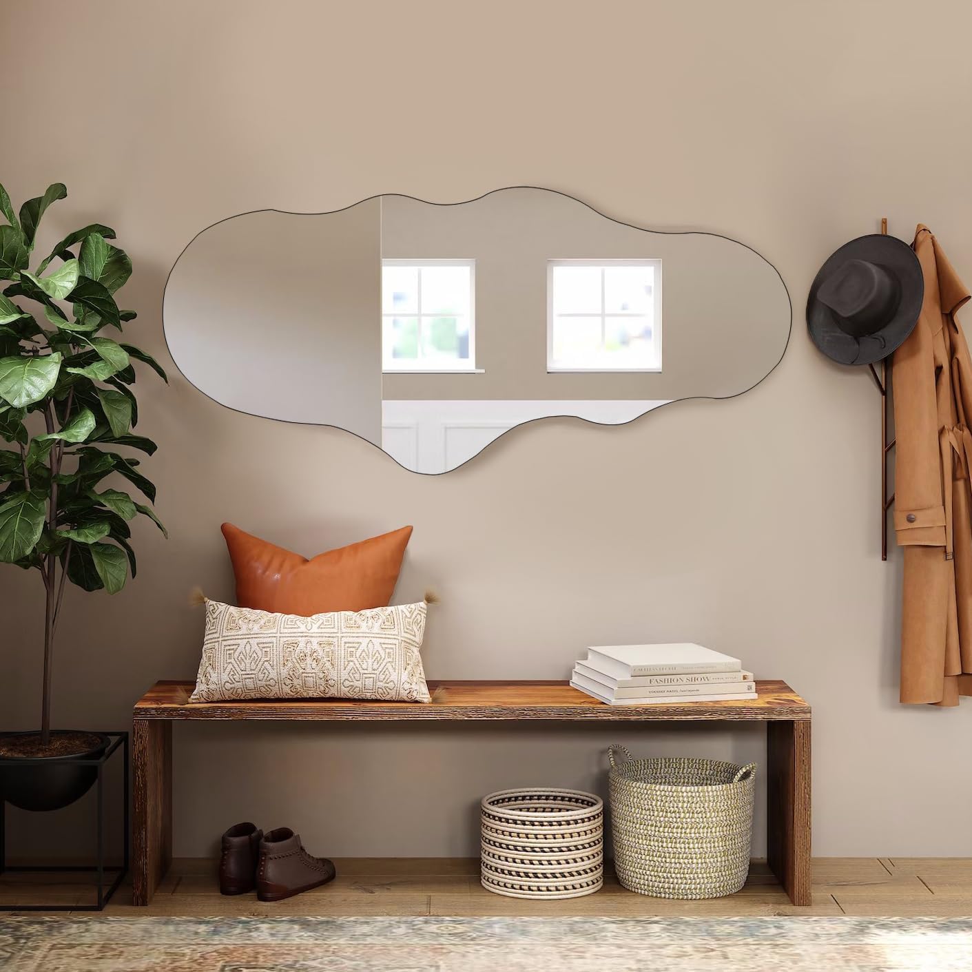 BST FURNH Miroir Pleine Longueur sans Cadre 120 x 59 cm, Forme irrégulière, Blanc – pour Chambre, Salle de Bain, Salon, Coiffeuse et Mur
