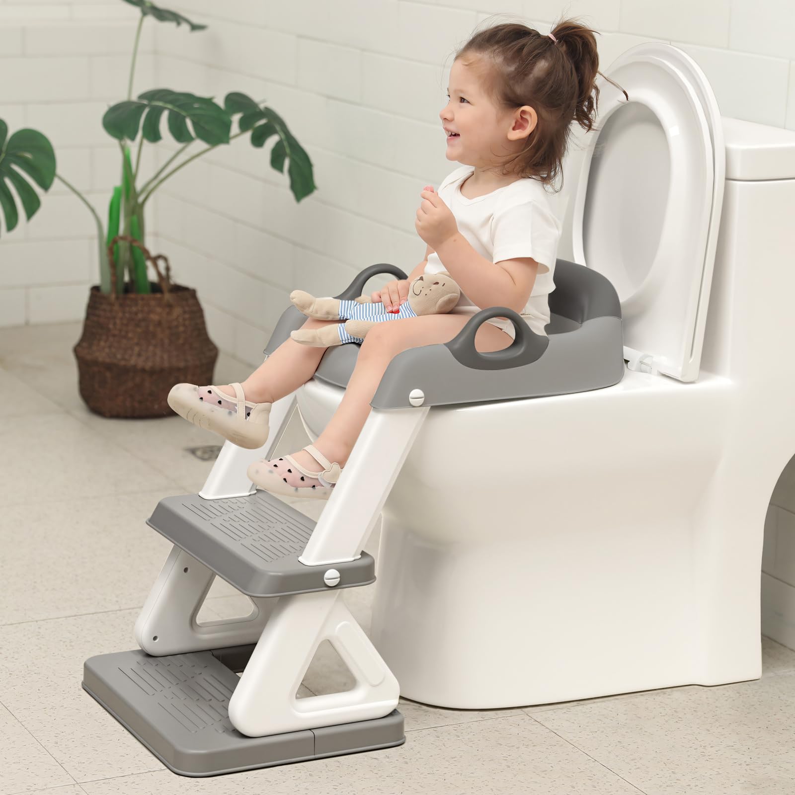 Potty Training Toilet Seat with Step Stool Ladder for Boys and Girls, 2 in 1 Potty Training Toilet, Splash Guard Anti-Slip Pad Step Stool（Gray-White