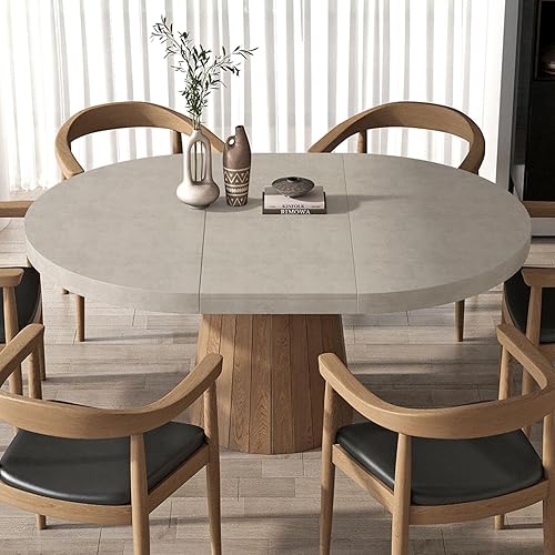 homary Round Extendable Dining Table with Pedestal Base, 39"-55" Expandable Dining Room Table Oval Kitchen Dinette Table for 4-6 (Gray & Walnut)