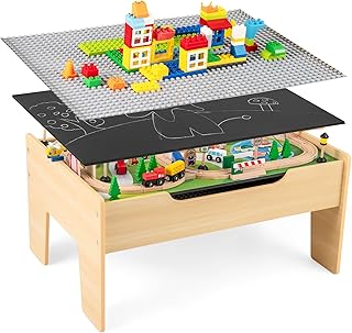 GLACER 78 Pieces Train Table, Wooden Activity Table with Reversible Top, Magnetic Fishing Rod, Storage, Tracks, Buildings, Multipurpose Painted Train Table Set for Toddlers 18M+, Gift for Boys Girls