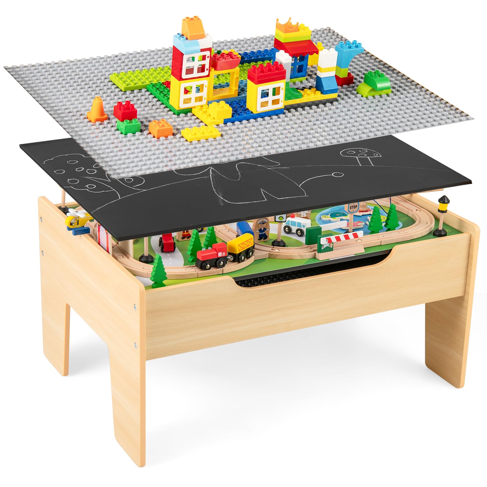 Giantex Wood Kids Train Track Railway Set Table Activity Playset Storage Drawer DIY Xmas Gift W