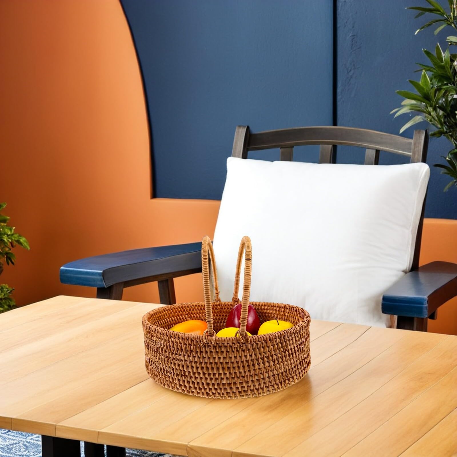 TEHAUX Cesta de Mimbre con Asa de Ratán Natural Cesta Tejida Resistente y Ligera para Picnic Almacenamiento Ventilado de Frutas y Verduras Organizador Portátil para Reuniones y Hogar