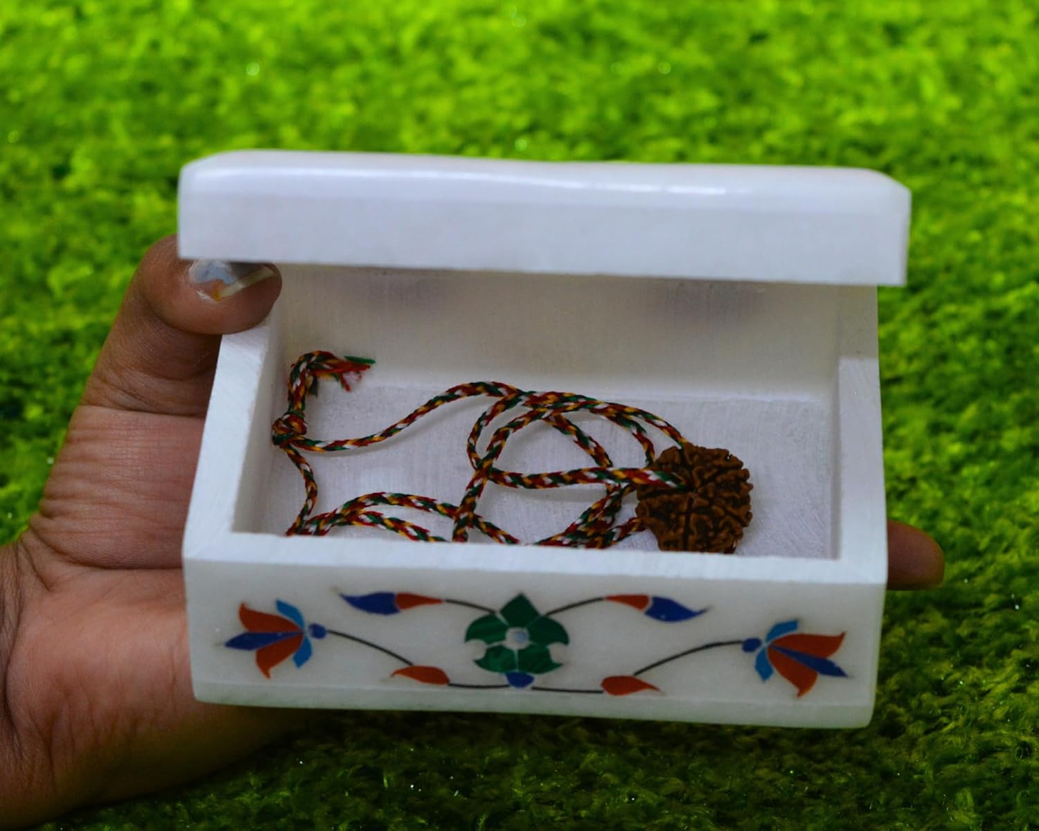 Floral Symmetry Marble Inlay Jewelry Box Gorgeous Handmade Organizer Trinket Box (4 X 3 inch) with Floral Inlay - Shiny Decorative Marble Ring Box Inlay Art - Unique Art work Great Birthday Gift
