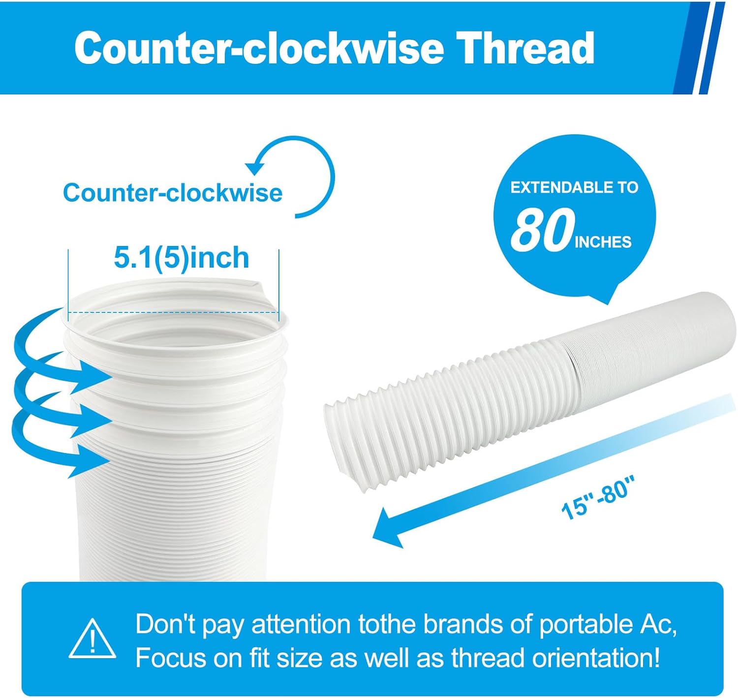 Portable Air Conditioner Hose 5.1 Inch Diameter,Portable AC Hose Exhaust Vent With Anti-Clockwise Thread Length up to 80 Inches