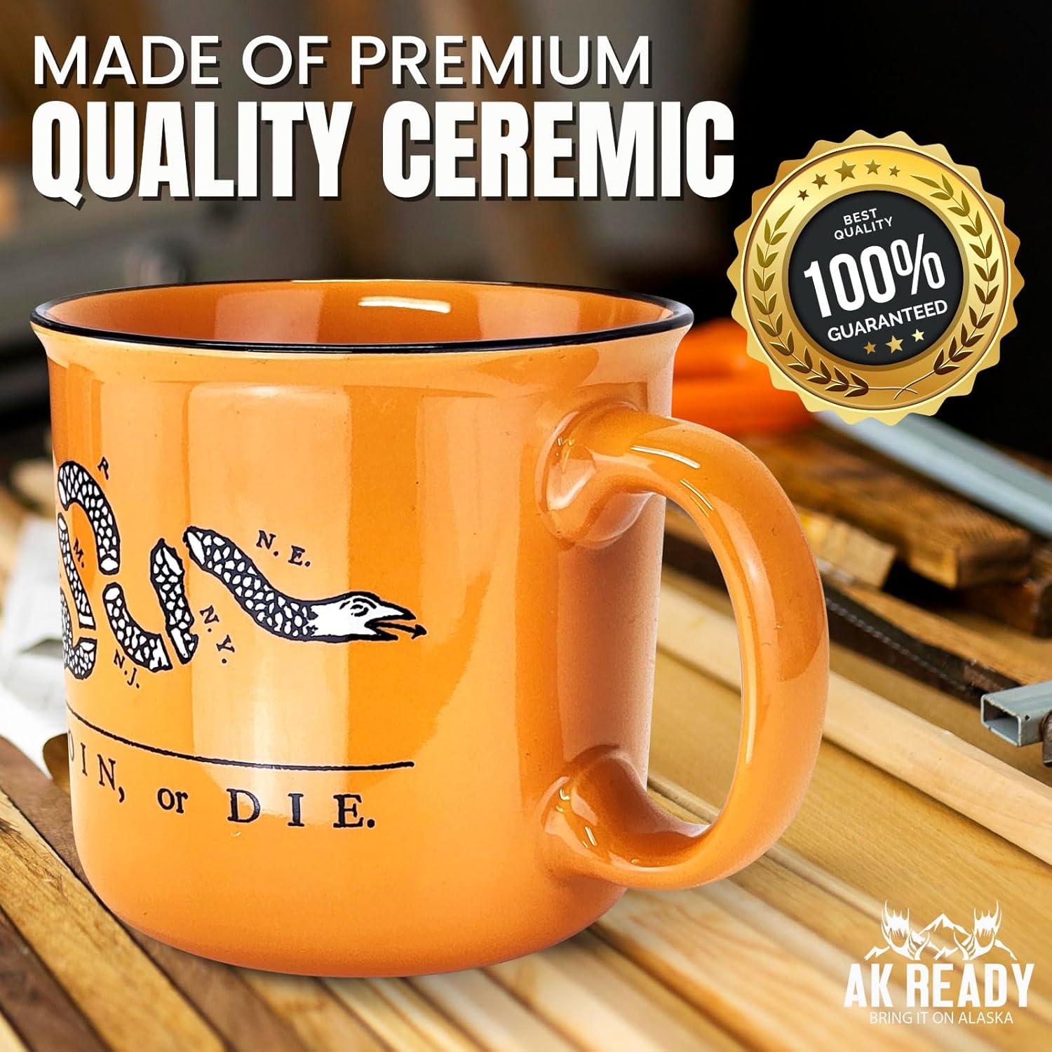Join Or Die Ceramic Coffee Cup Mug Large 17 oz Size Latte, Tea, Water Gadsden Bedford Flag Revolutionary War 1776 Patriotic Fathers Day Dont Tread on Me