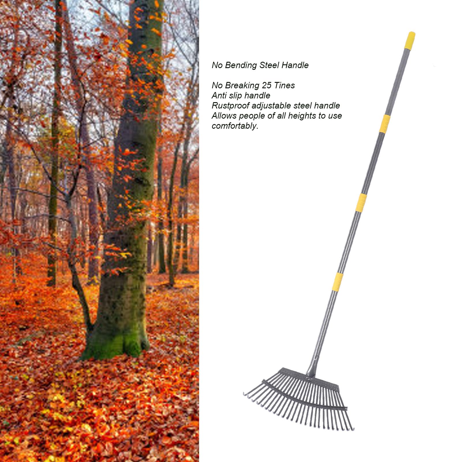 SIXRUN Rastrillo de Hojas de Jardín, Rastrillo de Jardín Ancho de Acero Inoxidable con 25 Púas y Ajustable, de Paja para Hojas, Recortes de Hierba, Desechos en Arbustos de