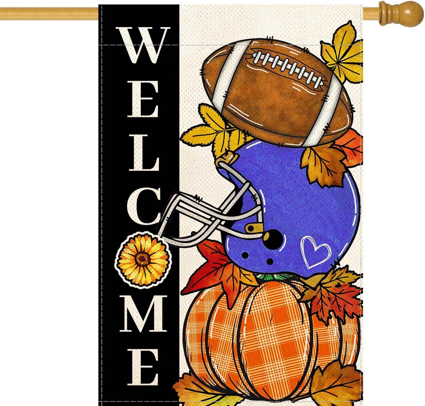 Baccessor Fall Football Welcome House Flags Vertical Double Sided 28 x 40 Inch, Pumpkin Autumn Sports Game Day Large Flag for Yard Thanksgiving Seasonal Holiday Outside Outdoor Decoration(Blue)