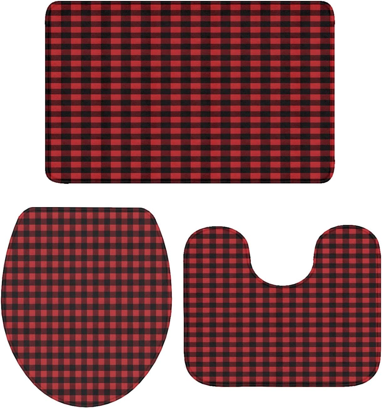 3 Pieces Christmas Bathroom Rugs and Mats Sets, Non Slip Water Absorbent Bath Rug, Toilet Seat/Lid Cover, U-Shaped Toilet Mat, Home Decor Doormats - Red Black Classic Farm Buffalo Plaid