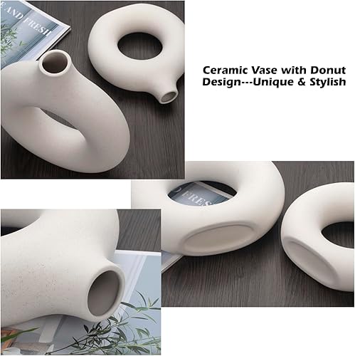 Miniatura 3 de Juego de 2 jarrones de cerámica blanca para decoración del hogar, jarrón hueco redondo mate para hierba de las pampas, estilo minimalista nórdico