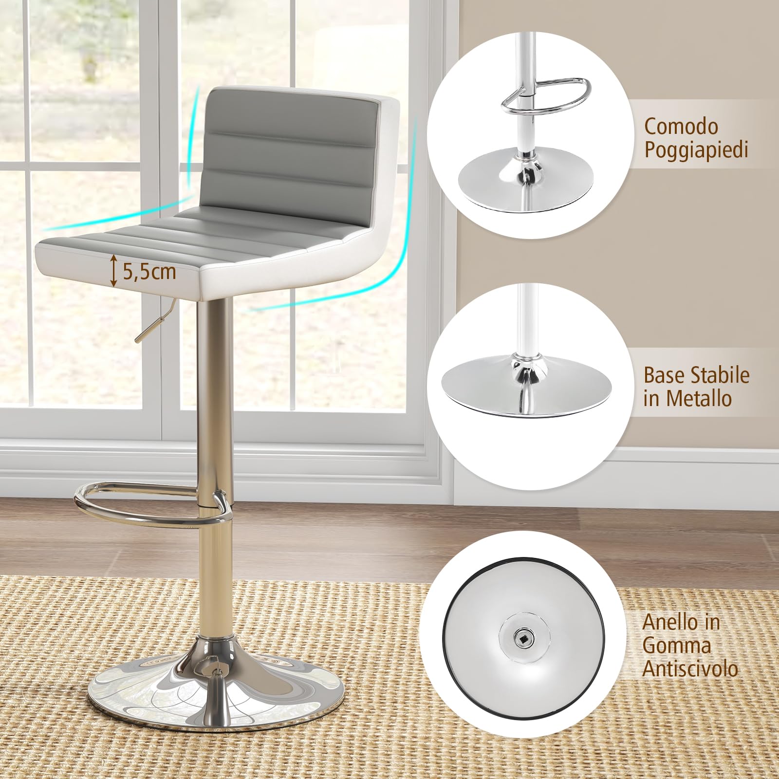 RELAX4LIFE Set di 2/4 Sgabelli da Bar, Sgabelli Regolabili e Girevoli con Base in Metallo Antiscivolo e Poggiapiedi, Sedie da Bar in Pelle PU senza Braccioli per Cucina, Pub, Caffè, Grigio & Bianco