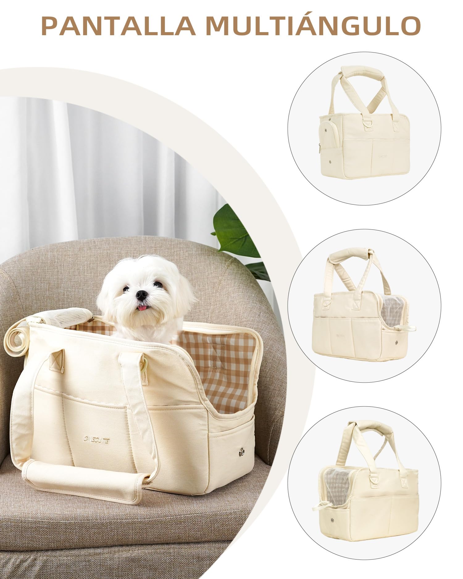 ONECUTE Transportín para Perro y Gato, Bolsa Transporte Plegable para Mascotas Pequeñas, Viajes Cómodos, Soporta 3 kg (Small, Beige)