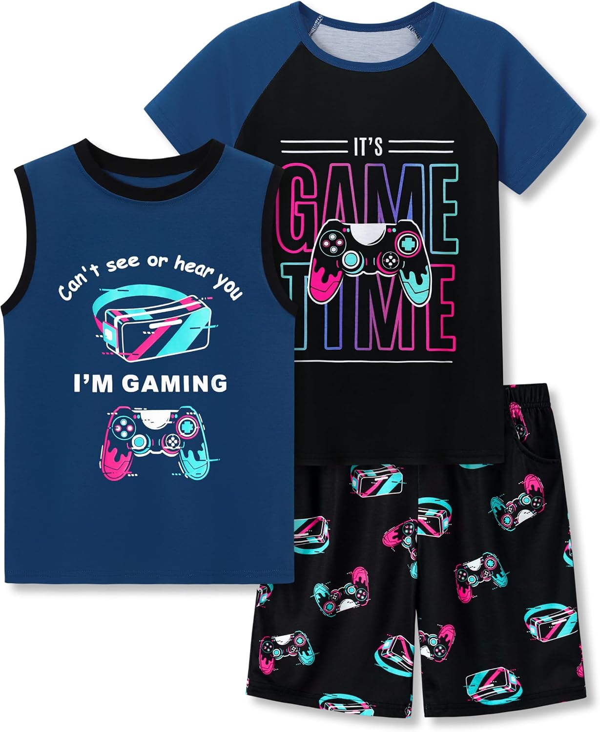 Tebbis Boys 3-Piece Summer Pajama Set Gamer PJs Short Sleeves Tank Top & Shorts Soft Yellow Sleepwear Size 6-18