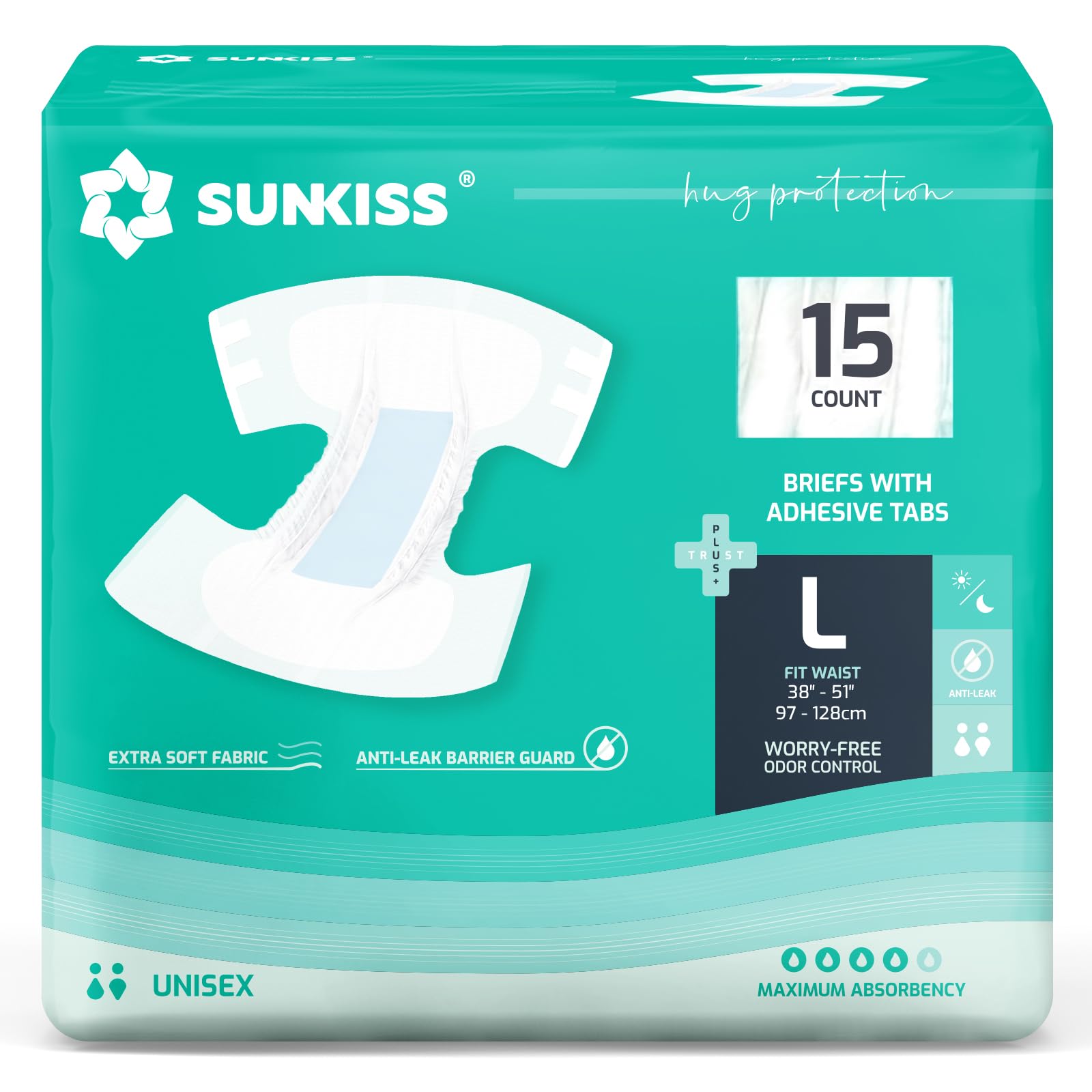 sunkiss trustplus adult diapers with maximum absorbency, unisex disposable incontinence briefs with tabs for men and women, odor control, large, 15 count