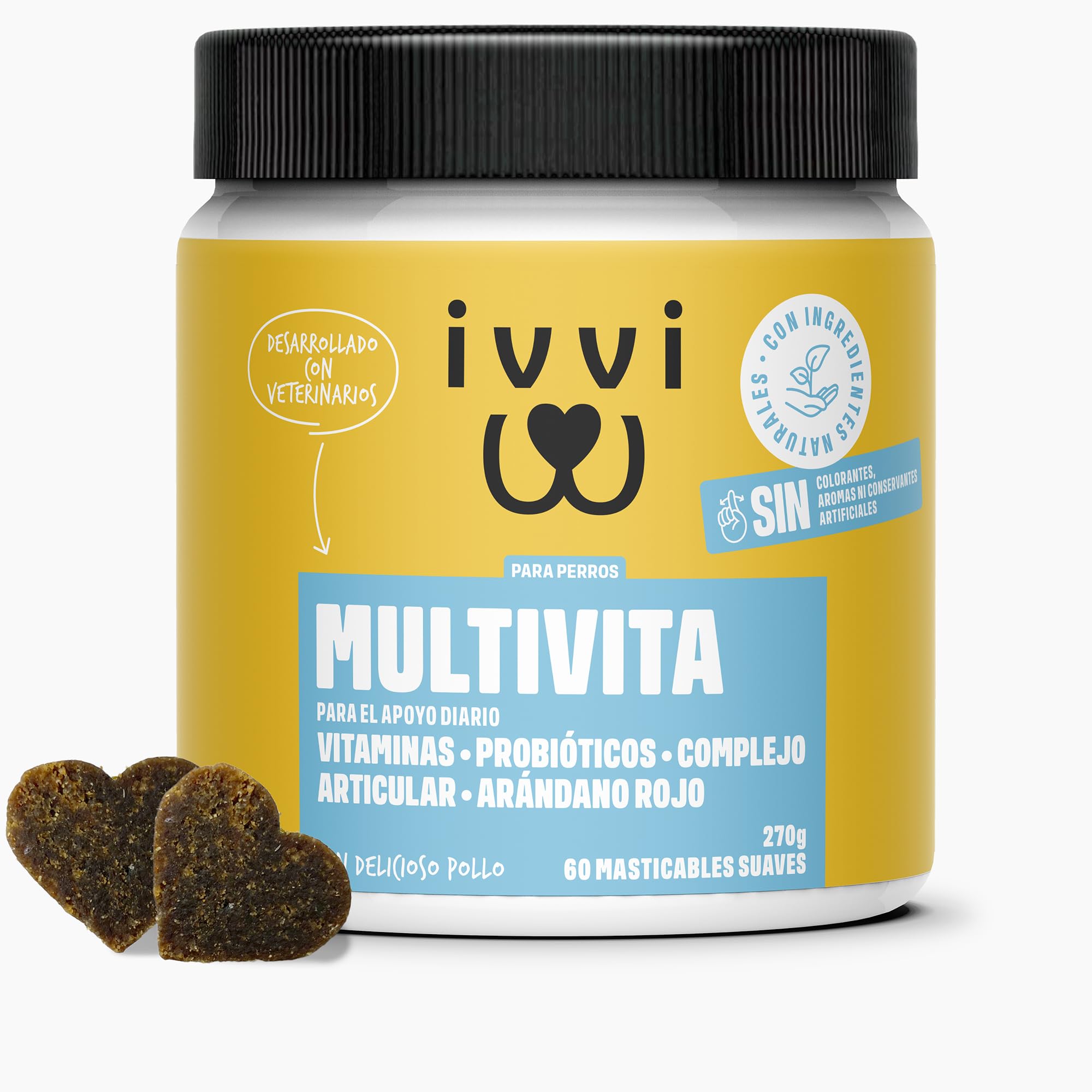 ivvi Multivitaminas - Complemento Alimenticio para Perros como Golosinas - Cuidado Completo para una Vida Feliz del Perro - 60 Golosinas de Pollo (270g)