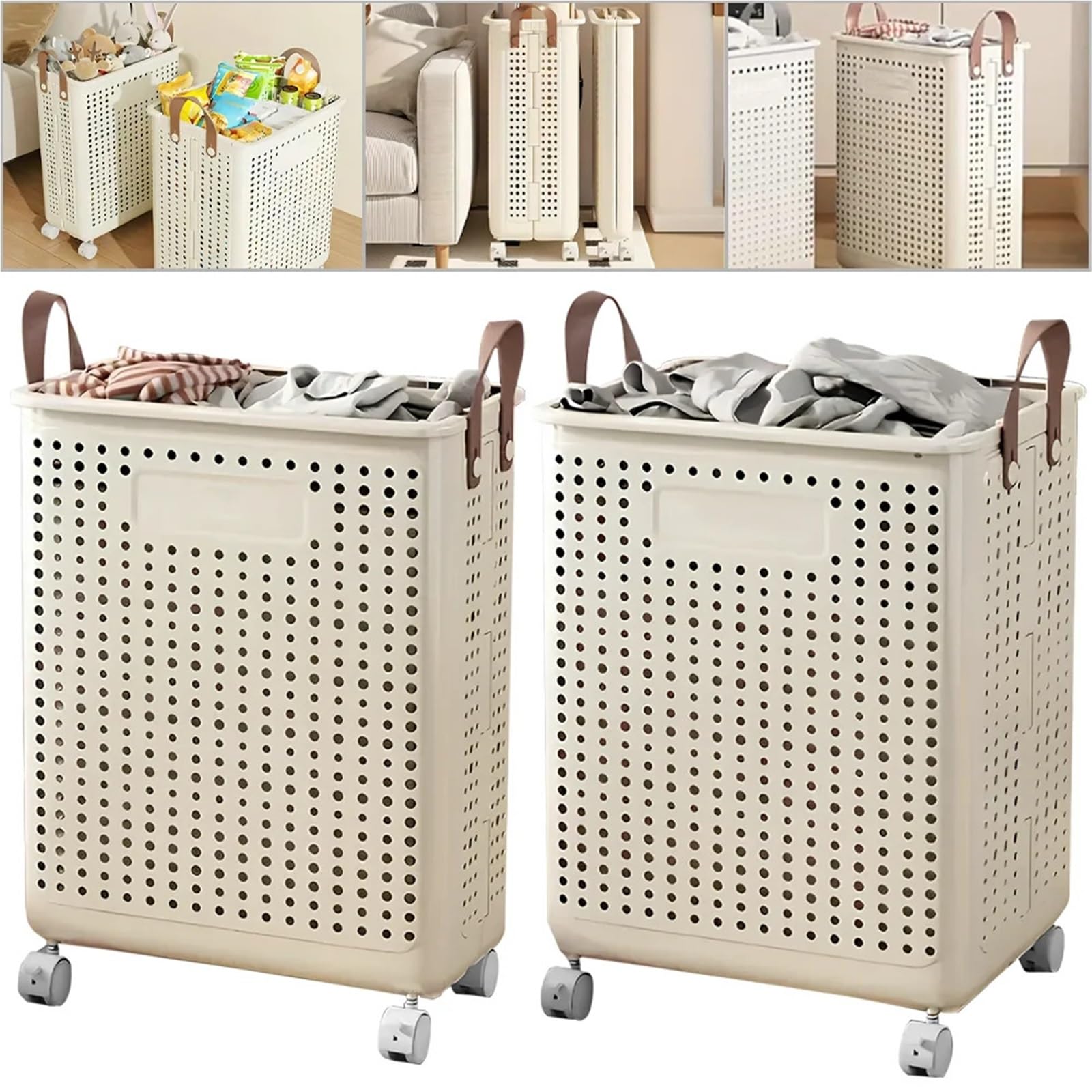 Cesto Portabiancheria Con Ruote Cesto pieghevole for vestiti sporchi senza coperchio, portabiancheria for uso domestico in dormitorio, grande capacità con puleggia(XL 37.5x36x55cm)