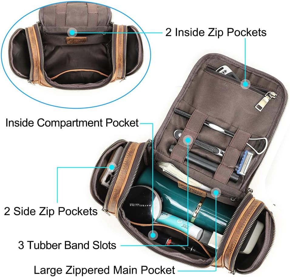 CONTACTS Crazy Horse Leather Toiletry Bag for Men Travel Bathroom Shaving Dopp Kit Toiletries Organizer Vintage Brown Cosmetic Bag Handbag