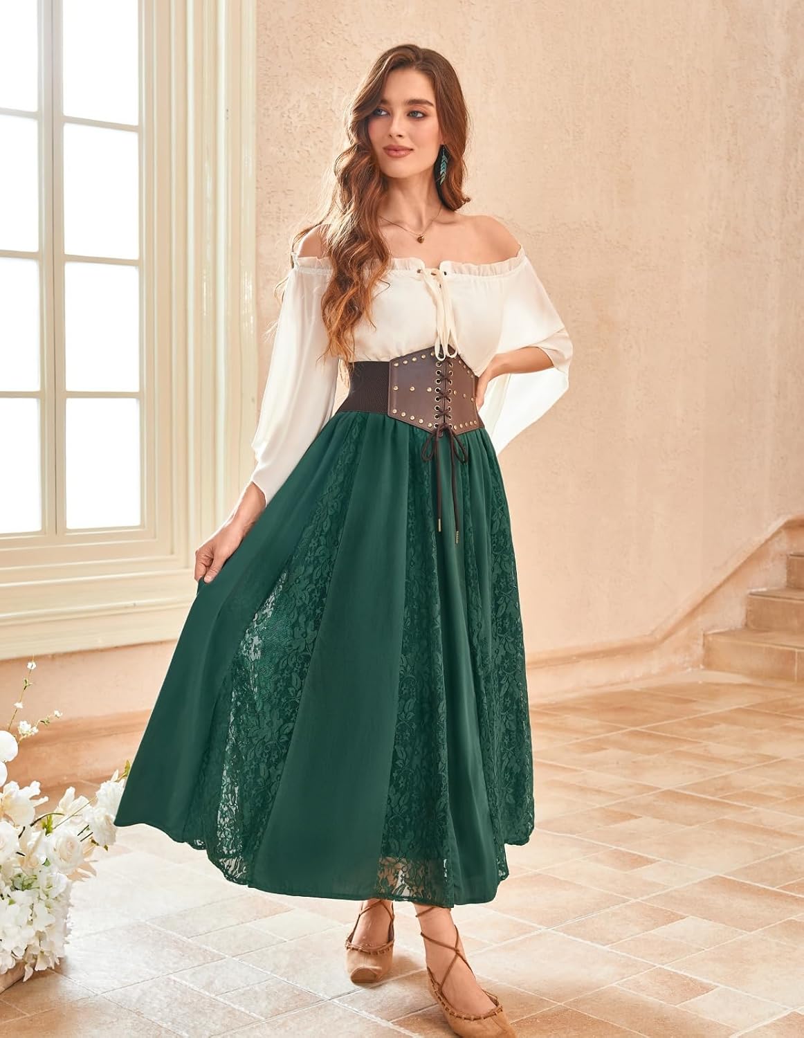 Scarlet Darkness Maxi Skirt for Women Boho Lace Flowy Long Renaissance Skirts with Pockets - Image 4