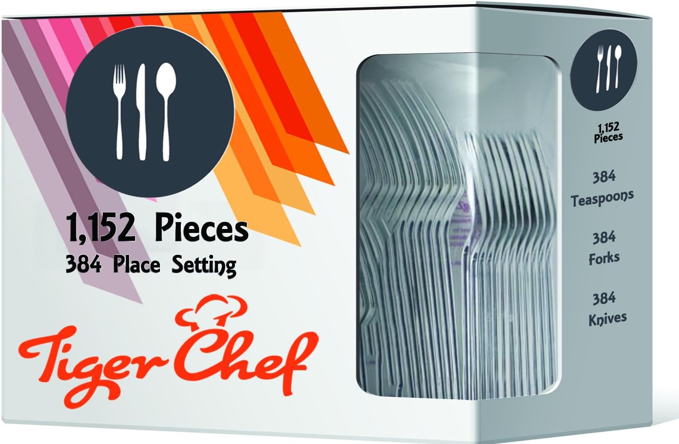 Tiger Chef Heavyweight Polished Silver Plastic Cutlery - 384 Forks, 384 Spoons, 384 Knives - Looks Like Silver Cutlery Combo Box (1,152, Polished Silver)