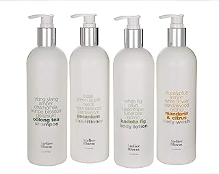 Atelier Bloem Bath & Body Set with Mandarin & Citrus Body Wash, Kadota Fig Body Lotion, Oolong Tea Shampoo, and Geranium Conditioner - 16 oz. Bottles
