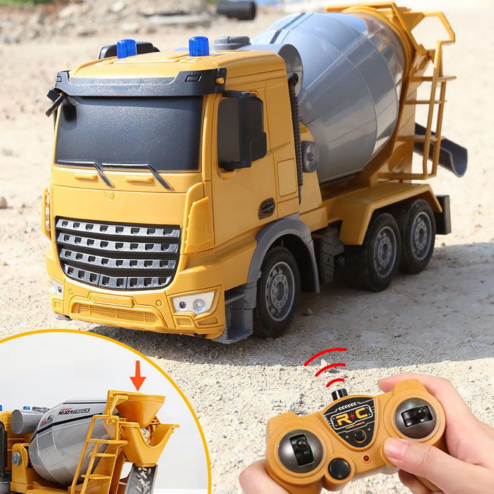 Camion betoniera con tutte le funzioni, giocattolo telecomandato alimentato a batteria, per bambini e bambine, scala 1:24, 6 canali, con luci e suoni