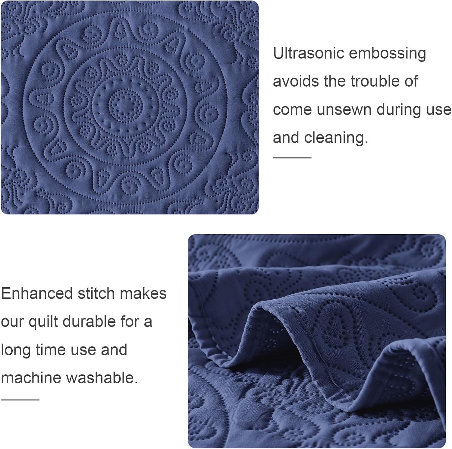 WURUIBO Navy Blue Quilt Set Twin Size, Embossing Microfiber Bedspreads with Pillow Sham, Ligthweight Breathable Thin Coverlet, Reversible Bedding Set for All Season (1 Quilt, 1 Pillow Sham) - Image 5