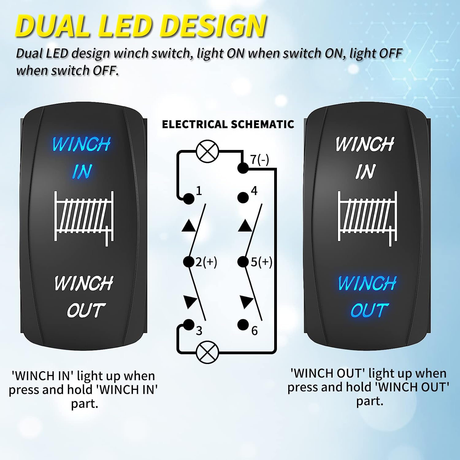 Winch Switch Winch in Winch Out Momentary (ON)-Off-(ON) 7 Pin Winch Rocker Switch Toggle 3 Way 20A 12V 10A 24V DC Waterproof Blue for ATV UTV Automotive Marine Boat
