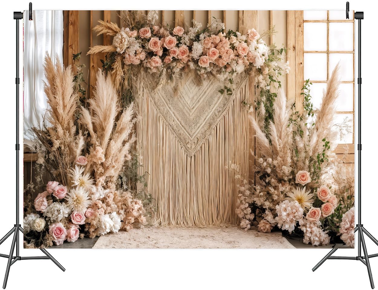 3,7 x 3 m Bohemian Pampas Erba Fiore Sfondo Retro Boho Fiori Finestra Fotografia Sfondo Nuziale Anniversario Compleanno Baby Shower Decorazione