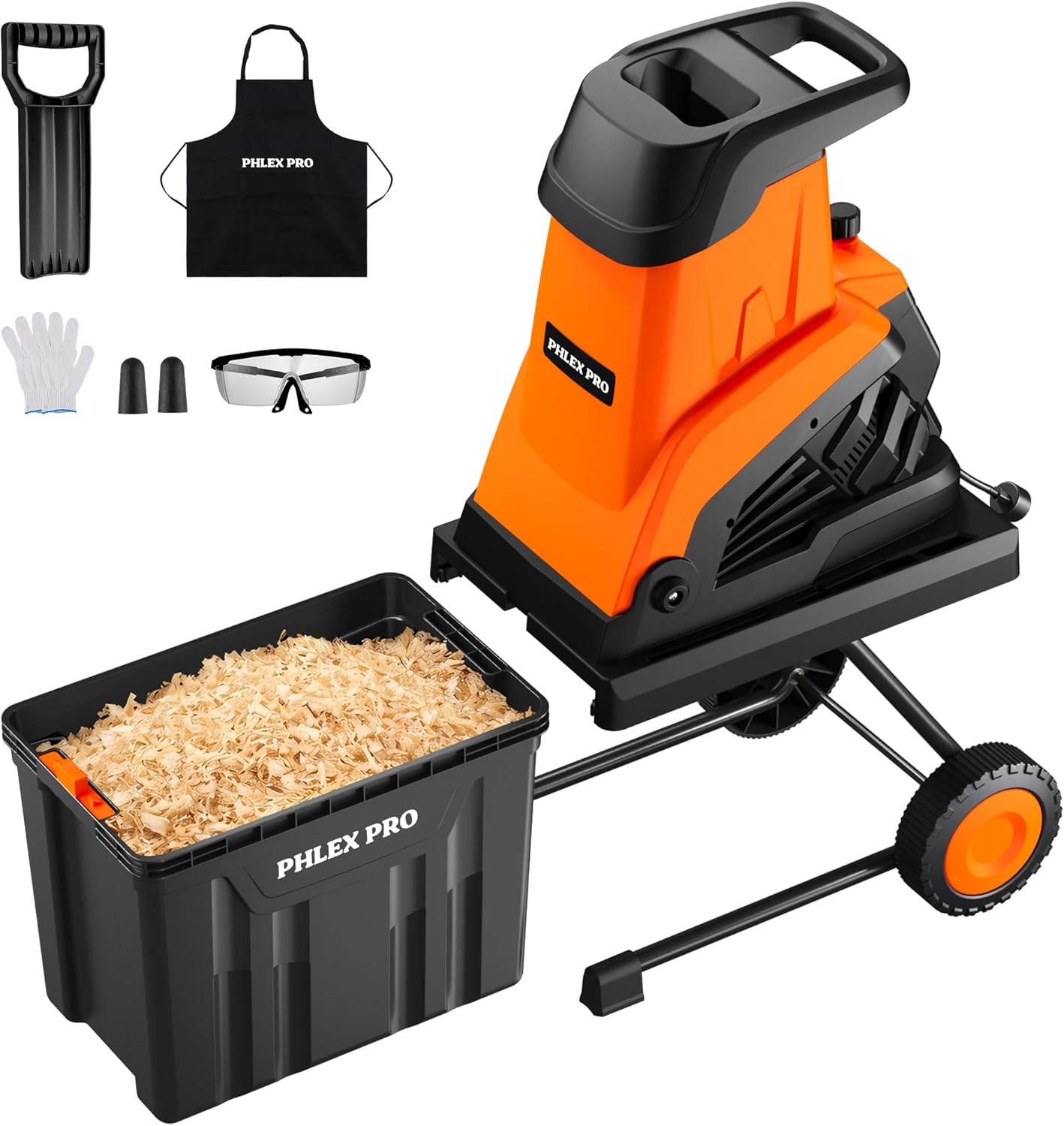 Wood Chipper Shredder, 15-Amp 1.8" Cutting Diameter Electric Wood Chipper with 50L Collection Bin & Portable Wheels, 1800W Electric Mulcher Shredder for Mulching, Composting and Yard Cleanup, Orange