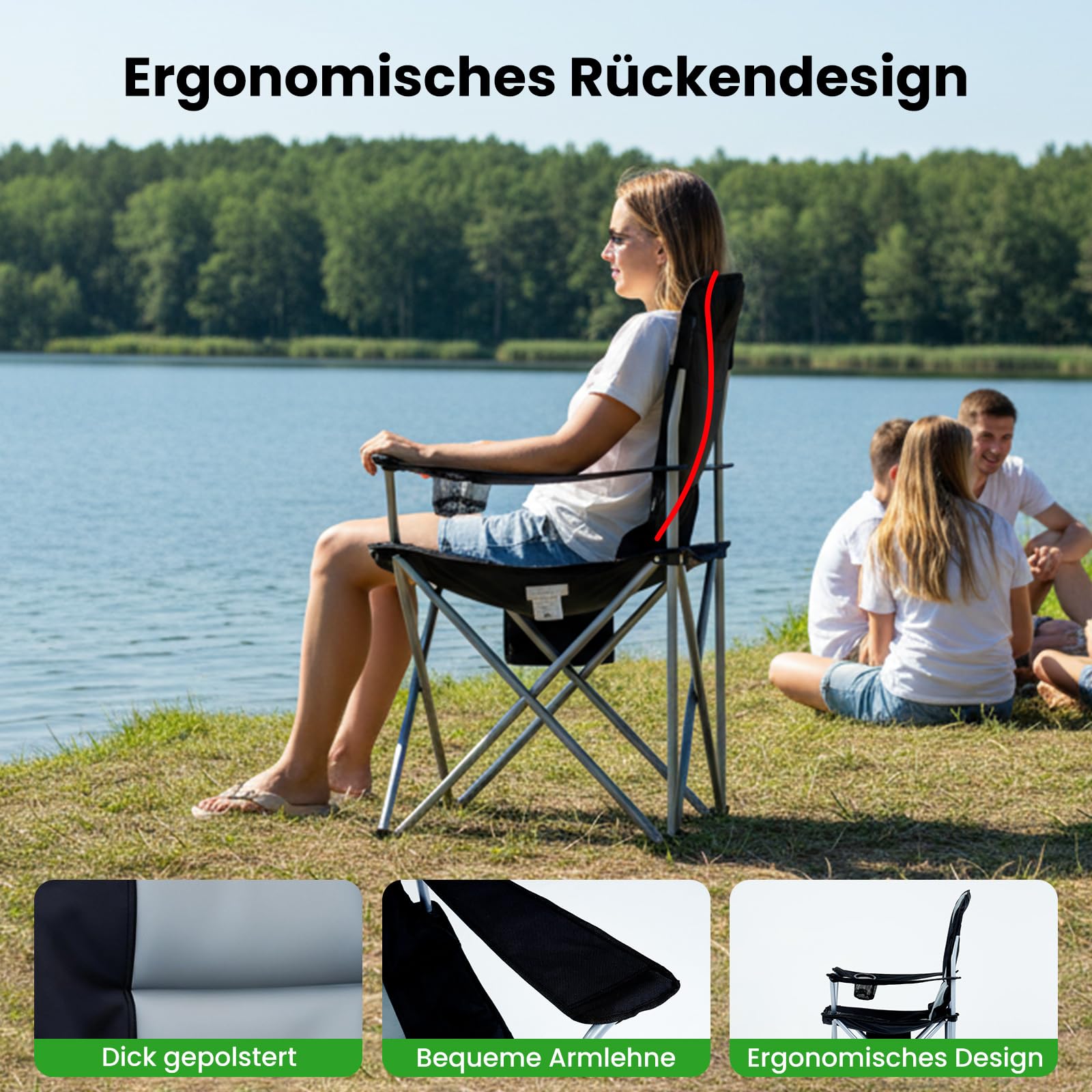 Silla de camping plegable con calefacción – 182 kg – 3 niveles de ajuste de temperatura, bolsillo lateral y soporte para bebidas, respaldo ergonómico – ideal para ver deportes (batería no incluida en