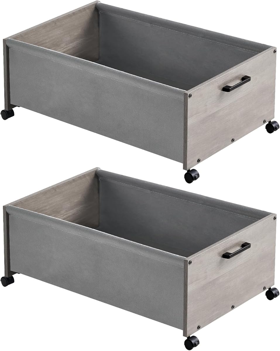 Under Bed Storage with Wheels, Wooden Under Bed Drawers On Wheels, Rolling Under Bed Shoe Storage, Space Saving,70L