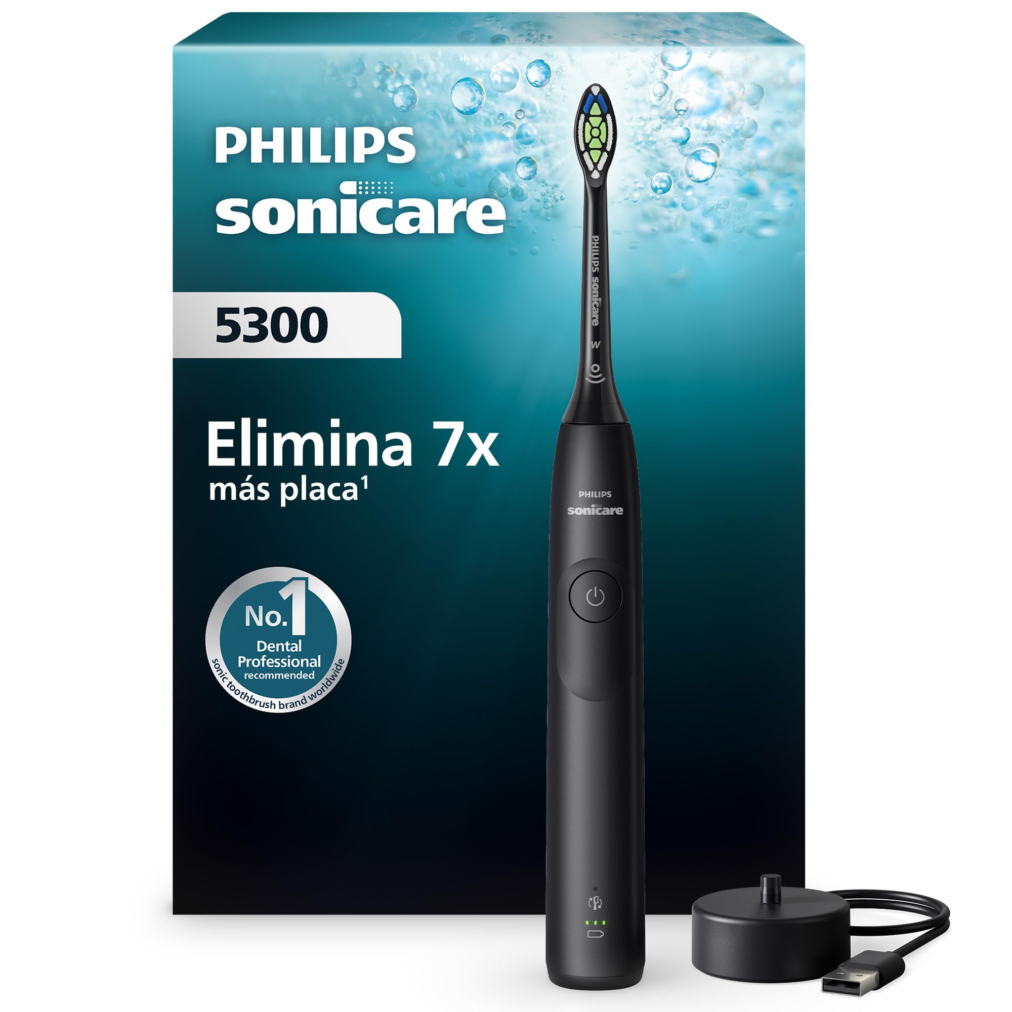 Philips Sonicare 5300 cepillo dental eléctrico, sónico con 2 niveles de intensidad, alerta de presión, EasyStart, SmarTimer y BrushPacer, negro, modelo HX7101/​01 [Nueva Tecnología]