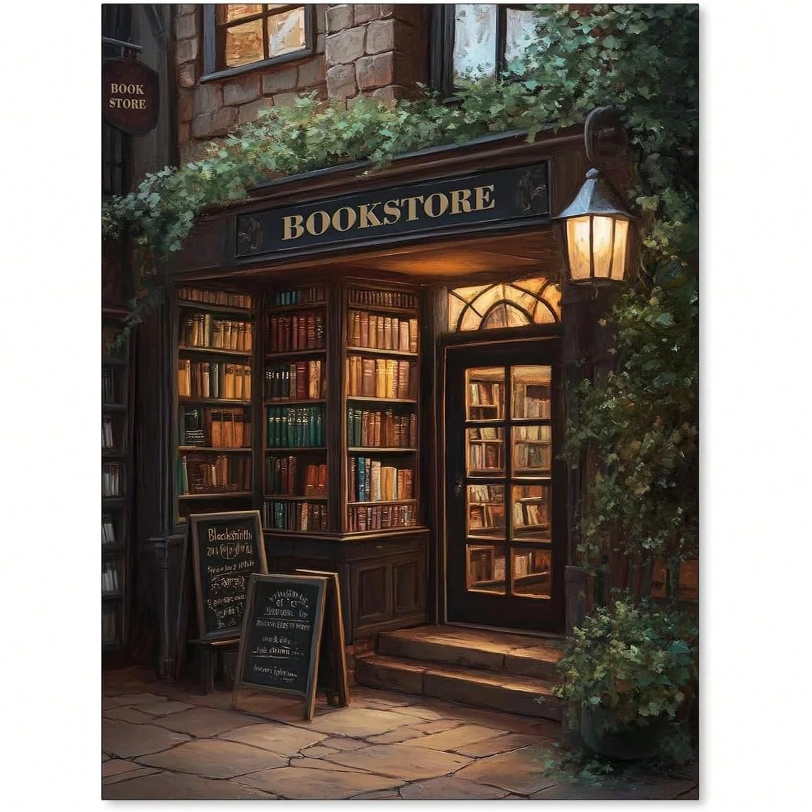 AIHNBF Gemütliche Buchhandlung Leinwand Wandkunst Vintage Bibliothek Bild Warme Beleuchtung Ästhetische Bibliotheksdekoration Romantische Straßenansicht Gemälde für Büro Wohnzimmer Wand 50x75cm