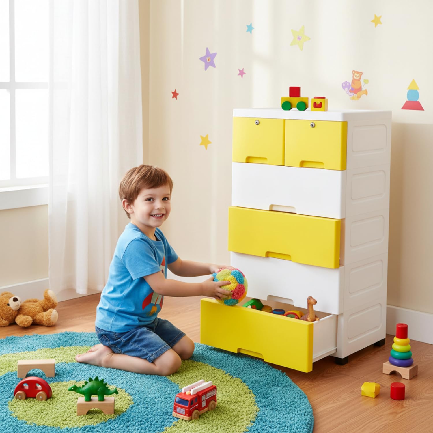 The Tickle Toe 6-Drawer Plastic Chest for Kids | Yellow White Storage Cabinet with Locking Drawers | Multi-Purpose Organizer for Clothes & Toys | 44L x 28.5W x 82H cm 1