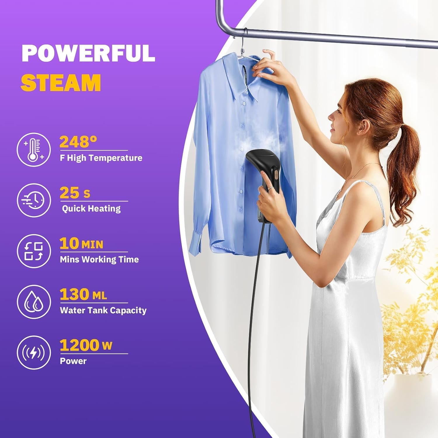 Woman using Rolipo steamer on a blue shirt, showing power and heating specifications