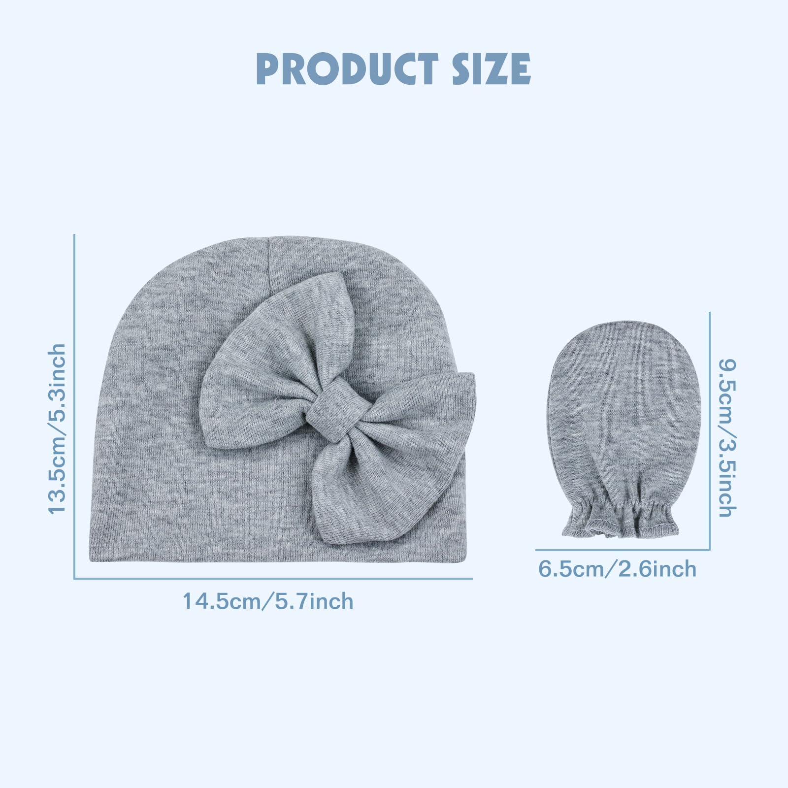Cinaci 6 Sets Stretchy Soft Cotton Bow Turban Hats and No Scratch Mittens Nursery Hospital Caps Bonnets Beanies Gloves Set for 0-6 Months Baby Girls Newborns Infants