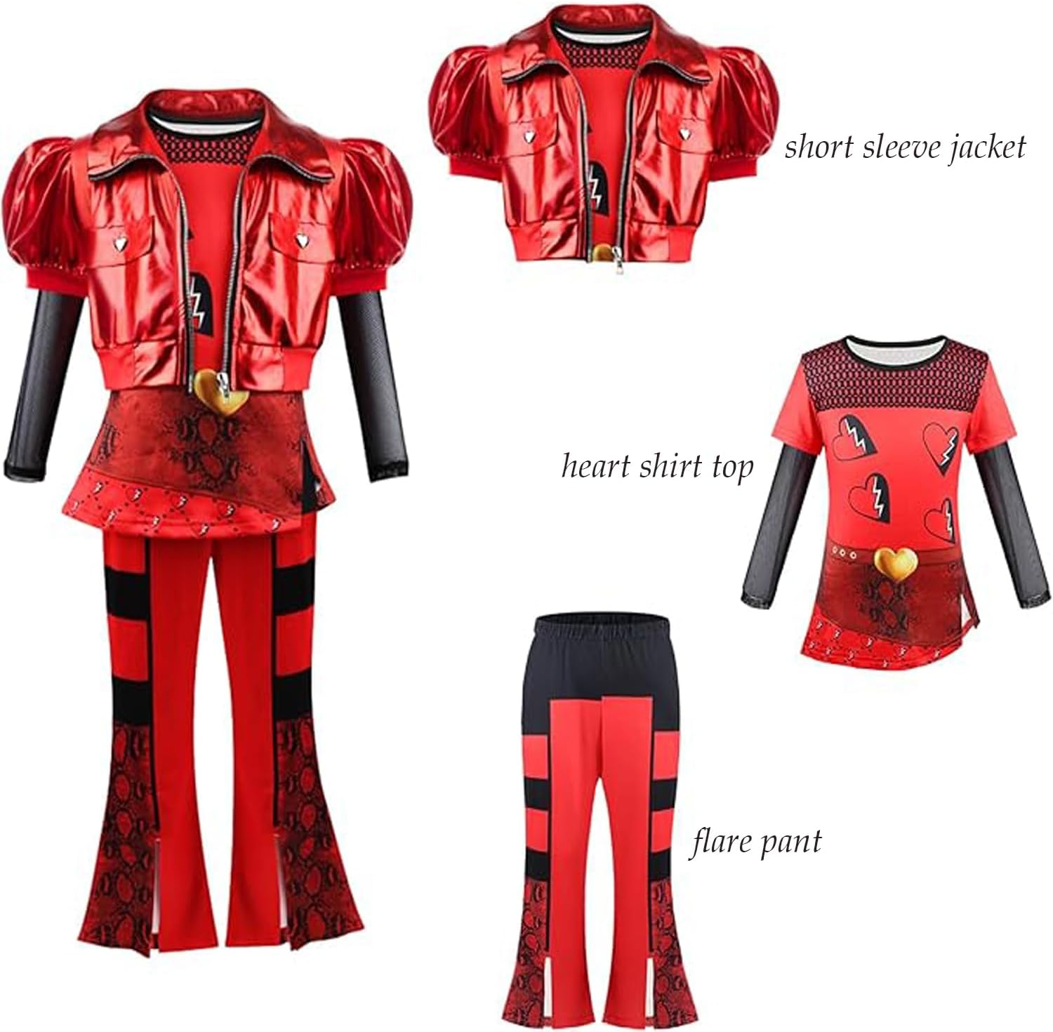 D.O.T Girls Rise Red Costume Includes Red Heart Jacket Shirt Flared Pants Wig Gloves 5pcs Halloween Princess Dress up 3-14Y - Image 3