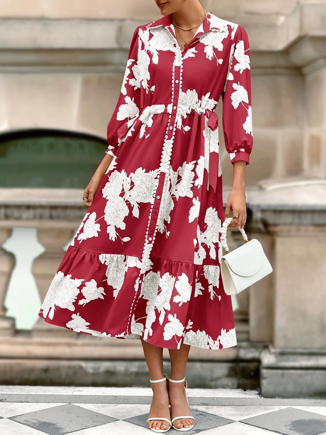 Wenrine Womens Maxi Shirt Dress Casual Floral Collared 3/4 Long Sleeve Drawstring Waist Fall Button Down Dresses - Image 2