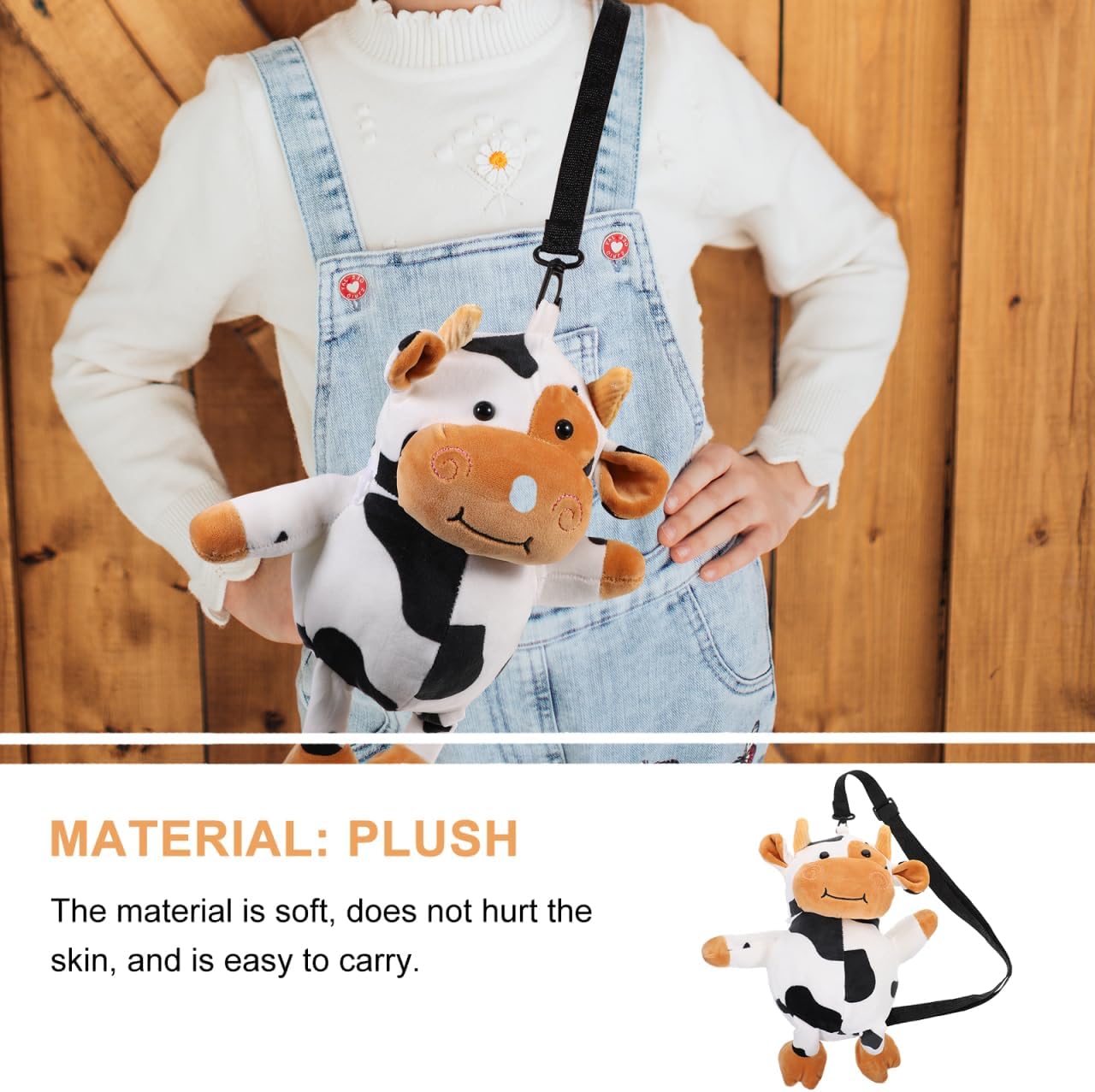 Healeved Cow Shape Crossbody Bag for Girls Plush Animal Purse with Adjustable Strap Lightweight Soft Plush Handbag for Travel and Shopping Kids Cute Zippered Bag for Phone Keys Coins