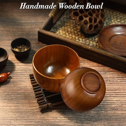 Miniatura 3 de NUOMI Juego de 2 cuencos de madera para alimentos, pequeños cuencos de madera con cucharas de madera para postre aperitivos, sopa, juego de vajilla