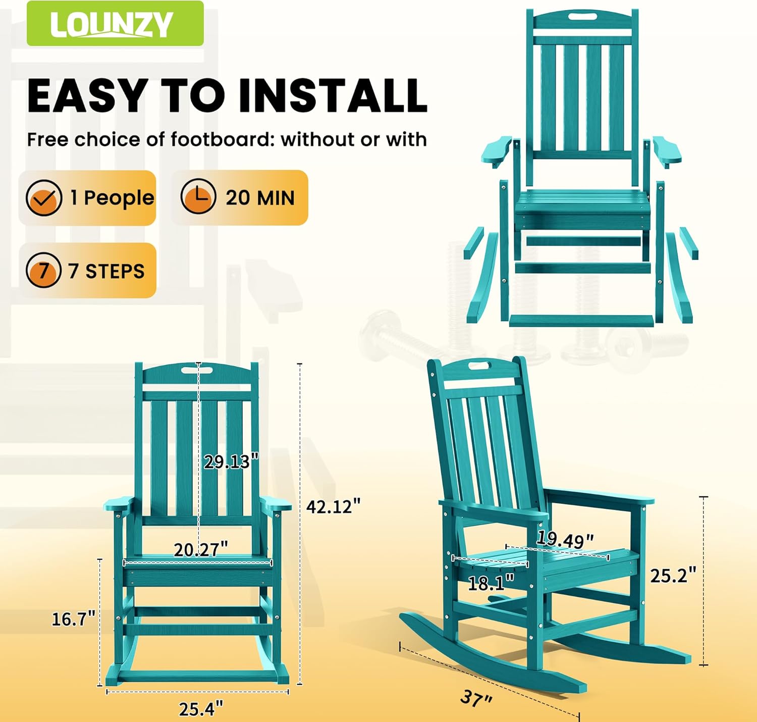 LOUNZY Outdoor Rocking Chair with Footboards Set of 2, HDPE Rocking Chair Patio Porch Rocker with 380lbs Support for Adult, Aruba