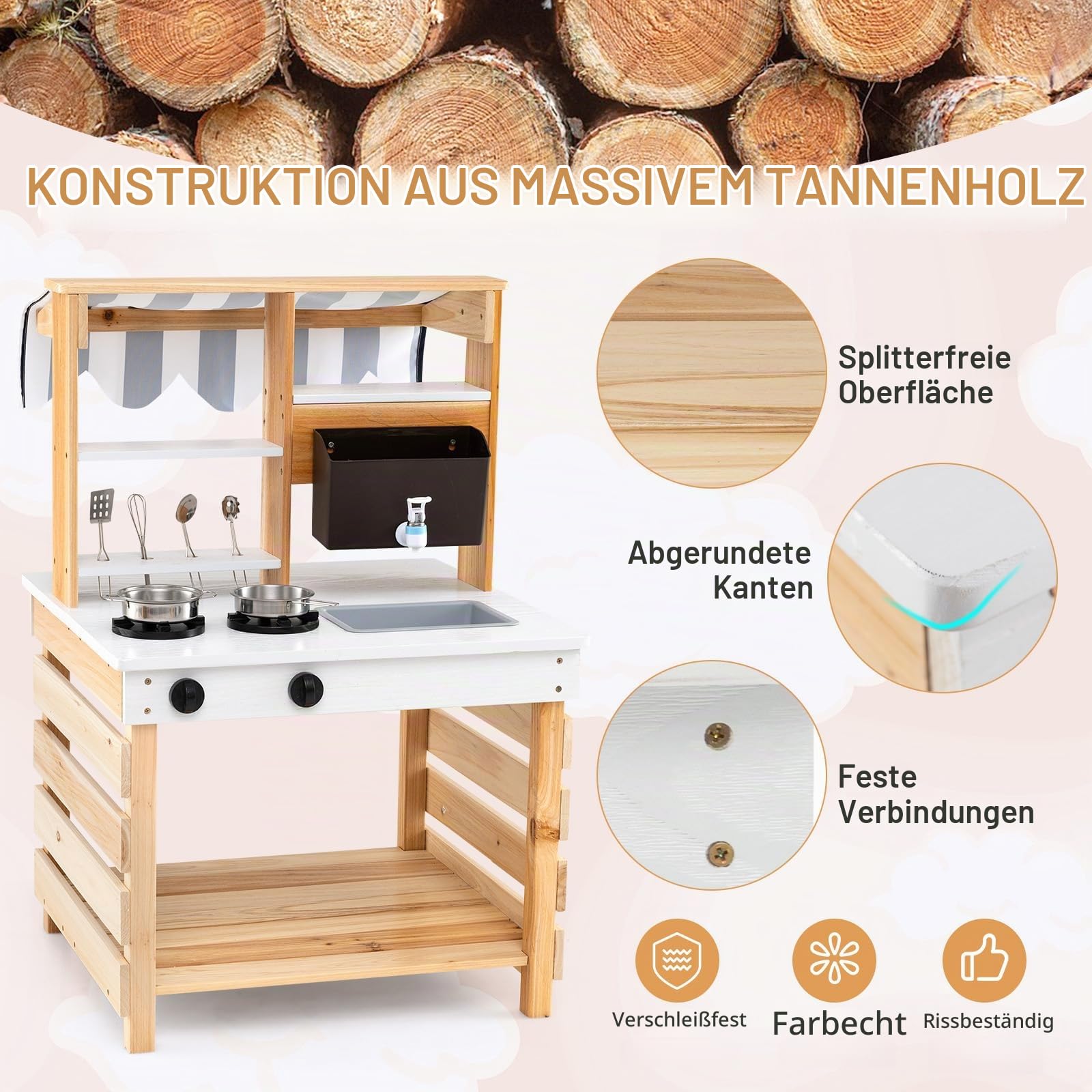 FANTASK Kinder Schlammküche, Matschküche Outdoor aus Tannenholz mit Dach & 6 Zubehör, Kinderküche mit abnehmbarem Waschbecken & Wassertank & Herd, Outdoorküche für Kinder ab 3 Jahren (Natur)