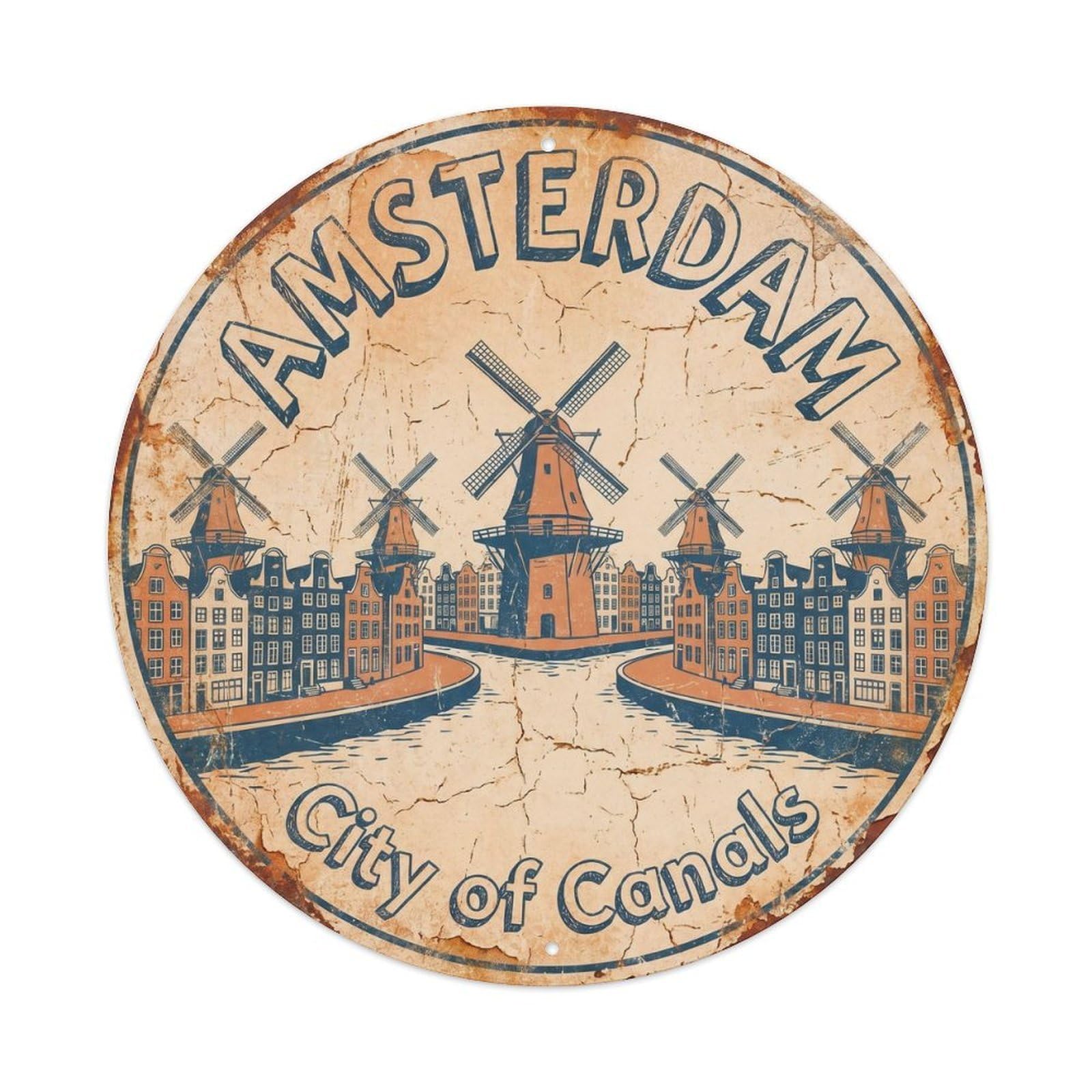 Vintage Travel Windmill Canal Amsterdam Metal Tin Sign Plaque Wall Decor for Cafe, Club, Garden Round Metal Poster 8x8Inch