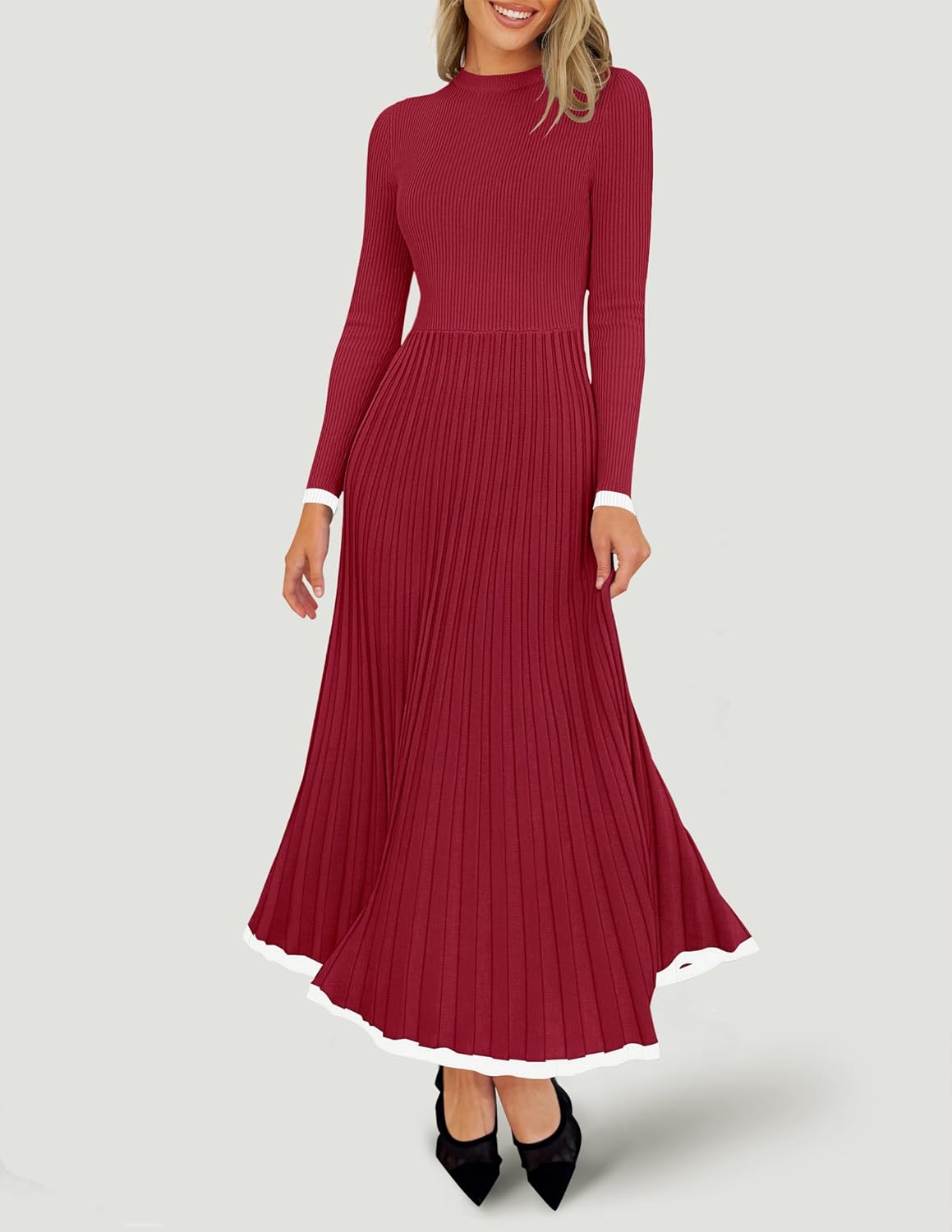 ZESICA Women's Long Sleeve Sweater Dress Fall 2026 Crewneck Ribbed Knit Pleated A-Line Maxi Wedding Guest Dresses - Image 3